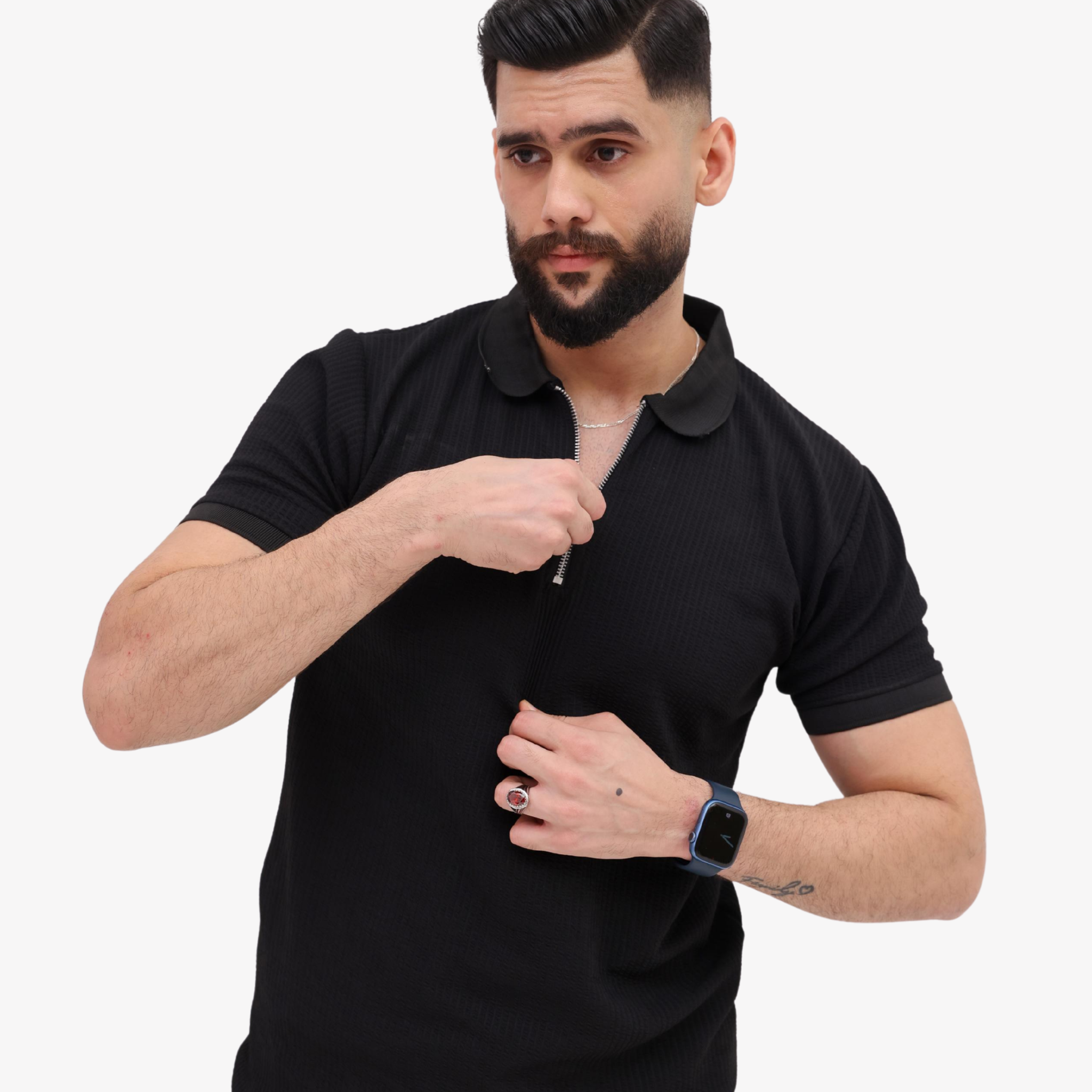 Modern Ribbed Zip Polo – Deep Black