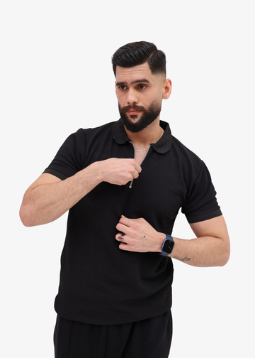 Modern Ribbed Zip Polo – Deep Black