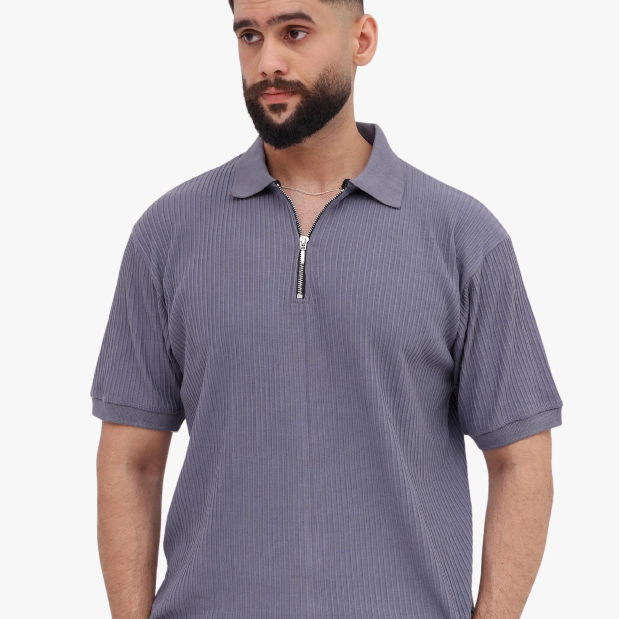 Ribbed Half-Zip Polo T-Shirt – Slate Gray