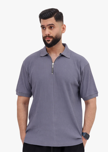 Ribbed Half-Zip Polo T-Shirt – Slate Gray